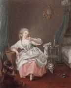 unknow artist A bedroom interior with a young girl holding a song bird France oil painting artist